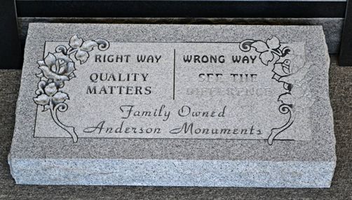 Anderson Monuments granite headstone displaying 'Quality Matters - Family Owned - Anderson Monuments'