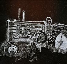 Hand-etched tractor scene on polished granite memorial