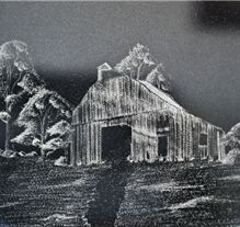 Barn and rural landscape etching on dark granite monument